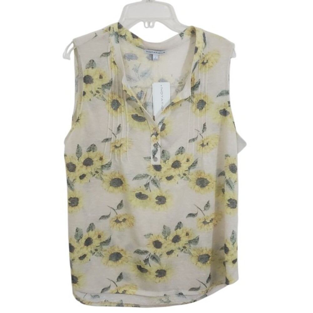 Sunflower Print Sleeveless Blouse Retro 90s Semi Sheer Pintuck NWT Size Large